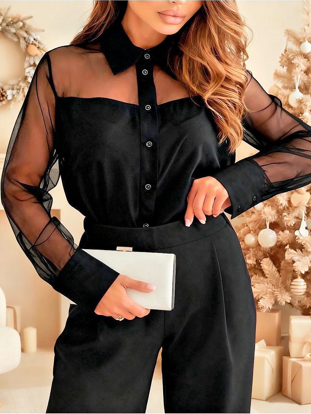 M Cool Attitude Black Sheer Mesh Button-Up Long Sleeve Top